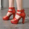 Peep Toe Platforms Cuban Heels Ankle Buckle Double Straps Summer Sandals - Red Faux Leather