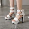 Peep Toe Platforms Cuban Heels Ankle Buckle Double Straps Summer Sandals - White Faux Leather