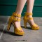 Peep Toe Platforms Cuban Heels Ankle Buckle Double Straps Summer Sandals - Yellow Faux Leather