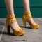 Peep Toe Platforms Cuban Heels Ankle Buckle Double Straps Summer Sandals - Yellow Faux Leather