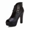 Fish Mouth Platforms Cuban Heels Buckle Straps Zipper Summer Ankle Highs Booties - Black Faux Leather
