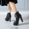 Fish Mouth Platforms Cuban Heels Buckle Straps Zipper Summer Ankle Highs Booties - Black Faux Leather