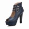 Fish Mouth Platforms Cuban Heels Buckle Straps Zipper Summer Ankle Highs Booties - Blue Faux Leather