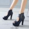 Fish Mouth Platforms Cuban Heels Buckle Straps Zipper Summer Ankle Highs Booties - Blue Faux Leather