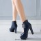 Fish Mouth Platforms Cuban Heels Buckle Straps Zipper Summer Ankle Highs Booties - Blue Faux Leather