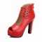 Fish Mouth Platforms Cuban Heels Buckle Straps Zipper Summer Ankle Highs Booties - Red Faux Leather