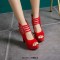 Fish Mouth Platforms Cuban Heels Buckle Straps Zipper Summer Ankle Highs Booties - Red Faux Leather