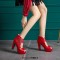 Fish Mouth Platforms Cuban Heels Buckle Straps Zipper Summer Ankle Highs Booties - Red Faux Leather