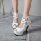 Fish Mouth Platforms Cuban Heels Buckle Straps Zipper Summer Ankle Highs Booties - White Faux Leather