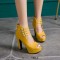 Fish Mouth Platforms Cuban Heels Buckle Straps Zipper Summer Ankle Highs Booties - Yellow Faux Leather