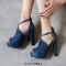 Fish Mouth Platforms Cuban Heels Ankle Buckle Cross Straps Summer Sandals - Blue Flock