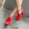 Fish Mouth Platforms Cuban Heels Ankle Buckle Cross Straps Summer Sandals - Red Flock