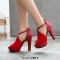 Fish Mouth Platforms Cuban Heels Ankle Buckle Cross Straps Summer Sandals - Red Flock