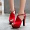 Fish Mouth Platforms Cuban Heels Ankle Buckle Cross Straps Summer Sandals - Red Flock