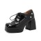 Round Toe Chunky Heels Faux Pearl Beads Decorated Lace Up Low Platforms Loafers Pumps - Black Patent