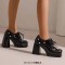 Round Toe Chunky Heels Faux Pearl Beads Decorated Lace Up Low Platforms Loafers Pumps - Black Patent