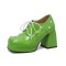Round Toe Chunky Heels Faux Pearl Beads Decorated Lace Up Low Platforms Loafers Pumps - Green Patent