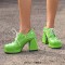Round Toe Chunky Heels Faux Pearl Beads Decorated Lace Up Low Platforms Loafers Pumps - Green Patent