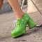 Round Toe Chunky Heels Faux Pearl Beads Decorated Lace Up Low Platforms Loafers Pumps - Green Patent