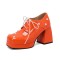 Round Toe Chunky Heels Faux Pearl Beads Decorated Lace Up Low Platforms Loafers Pumps - Orange Patent