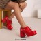 Round Toe Chunky Heels Faux Pearl Beads Decorated Lace Up Low Platforms Loafers Pumps - Red Patent