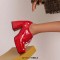 Round Toe Chunky Heels Faux Pearl Beads Decorated Lace Up Low Platforms Loafers Pumps - Red Patent