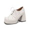 Round Toe Chunky Heels Faux Pearl Beads Decorated Lace Up Low Platforms Loafers Pumps - White Patent