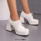 Round Toe Chunky Heels Faux Pearl Beads Decorated Lace Up Low Platforms Loafers Pumps - White Patent