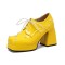 Round Toe Chunky Heels Faux Pearl Beads Decorated Lace Up Low Platforms Loafers Pumps - Yellow Patent