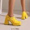 Round Toe Chunky Heels Faux Pearl Beads Decorated Lace Up Low Platforms Loafers Pumps - Yellow Patent