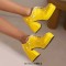 Round Toe Chunky Heels Faux Pearl Beads Decorated Lace Up Low Platforms Loafers Pumps - Yellow Patent