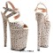Peep Toe Stiletto Heels Leopard Print Ankle Cross Straps Platforms Sandals  - Beige Faux Leather