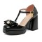 Square Toe Bowtied Mary Janes Chunky Heels Low Platforms Pumps - Black Patent