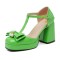 Square Toe Bowtied Mary Janes Chunky Heels Low Platforms Pumps - Green Patent