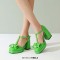 Square Toe Bowtied Mary Janes Chunky Heels Low Platforms Pumps - Green Patent