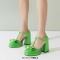 Square Toe Bowtied Mary Janes Chunky Heels Low Platforms Pumps - Green Patent