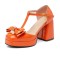 Square Toe Bowtied Mary Janes Chunky Heels Low Platforms Pumps - Orange Patent