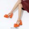Square Toe Bowtied Mary Janes Chunky Heels Low Platforms Pumps - Orange Patent