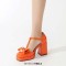 Square Toe Bowtied Mary Janes Chunky Heels Low Platforms Pumps - Orange Patent