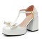 Square Toe Bowtied Mary Janes Chunky Heels Low Platforms Pumps - White Patent