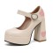 Round Toe Platforms Sweet Heart Mary Janes Chunky Heels Pumps - Beige Faux Leather