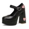 Round Toe Platforms Sweet Heart Mary Janes Chunky Heels Pumps - Black Faux Leather