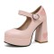Round Toe Platforms Sweet Heart Mary Janes Chunky Heels Pumps - Pink Faux Leather