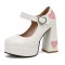 Round Toe Platforms Sweet Heart Mary Janes Chunky Heels Pumps - White Faux Leather