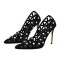 Pointed Toe Stiletto Heels Rhinestones Sexy Hollow Pumps - Black Flock