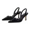 Pointed Toe Rhinestones Kitten Heels Slingback Sandals - Black Sequined Cloth
