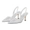 Pointed Toe Rhinestones Kitten Heels Slingback Sandals - White Sequined Cloth