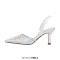 Pointed Toe Rhinestones Kitten Heels Slingback Sandals - White Sequined Cloth
