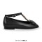 Square Toe Ankle Buckle Crystal T Straps Retro Ribbon Shoes - Black Faux Leather