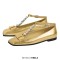 Square Toe Ankle Buckle Crystal T Straps Retro Ribbon Shoes - Gold Faux Leather